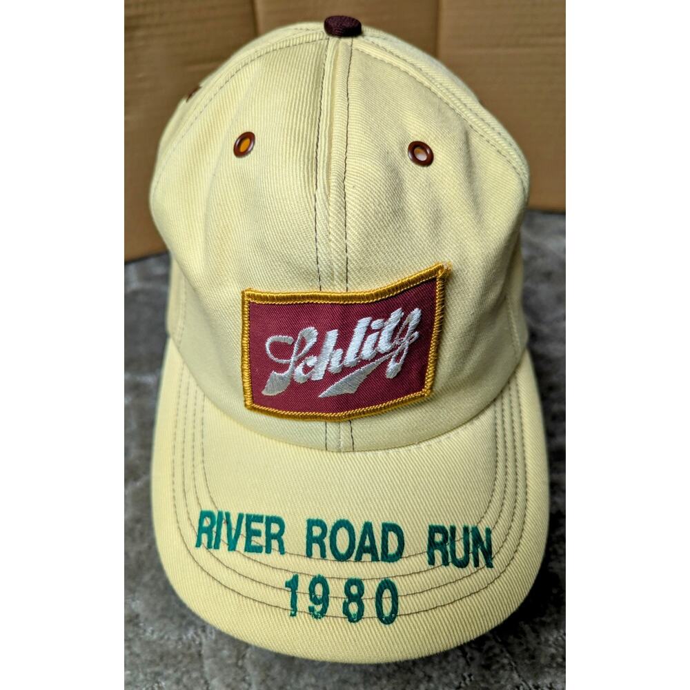 Vtg Schlitz Beer Trucker Hat 1980 Illinois River Road Run Butter Milk Maroon USA